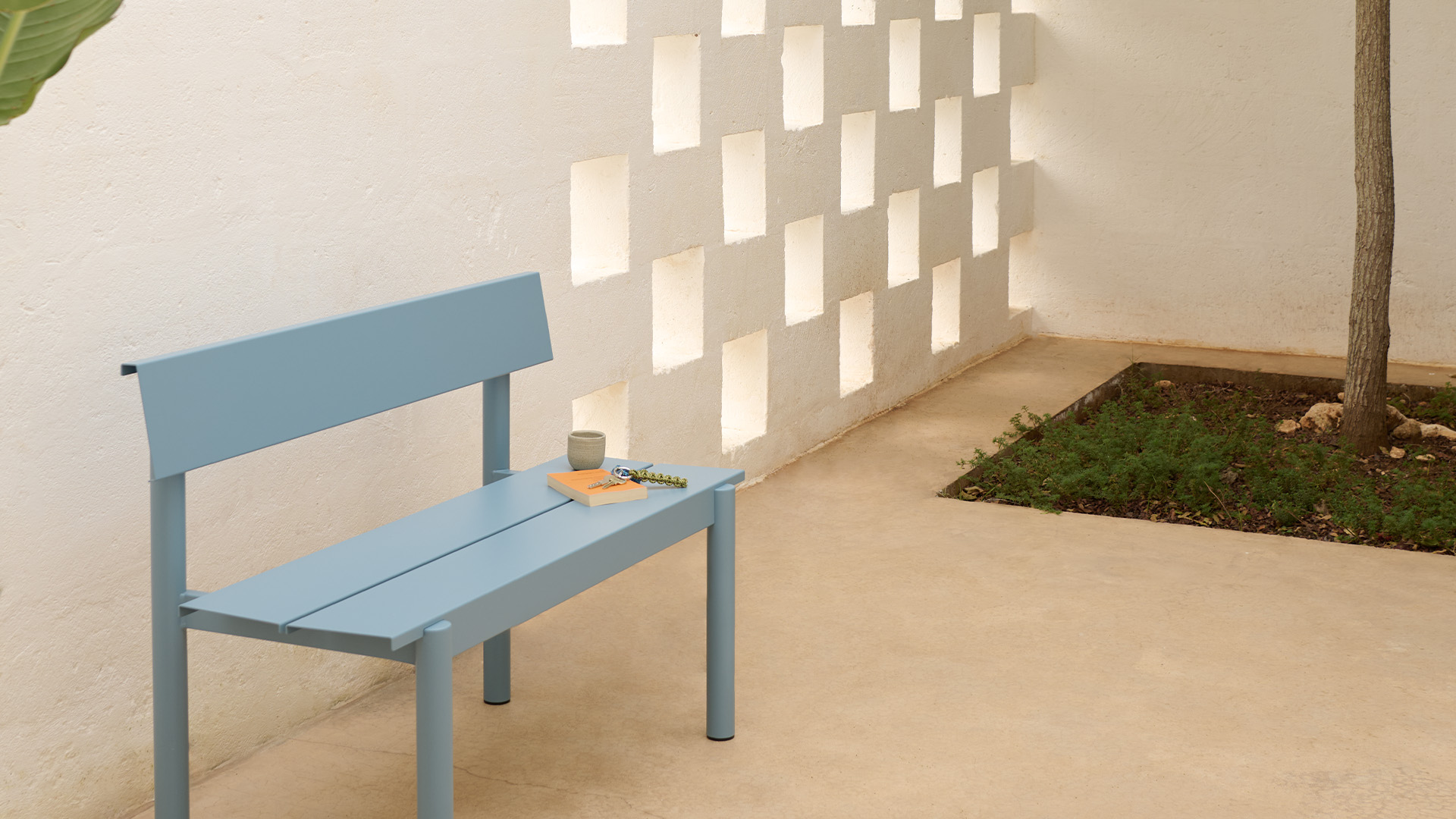 Linear Steel Bench with Backrest, Lifestyle